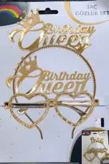 Birthday Queen Mika Gözlük - Taç Altın Set