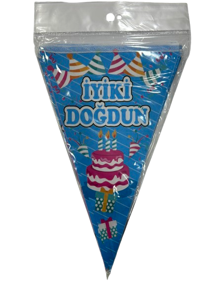 İyiki Doğdun Mavi Pastalı Konfetili Üçgen Flama
