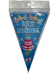 İyiki Doğdun Mavi Pastalı Konfetili Üçgen Flama