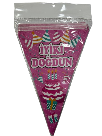 İyiki Doğdun Pembe Pastalı Konfetili Üçgen Flama