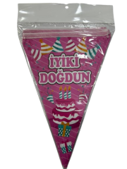 İyiki Doğdun Pembe Pastalı Konfetili Üçgen Flama